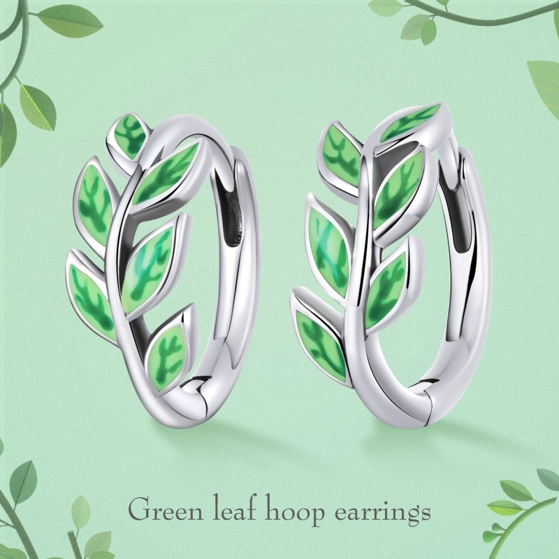 Brincos de argola com folhas verdes - prata de lei 925