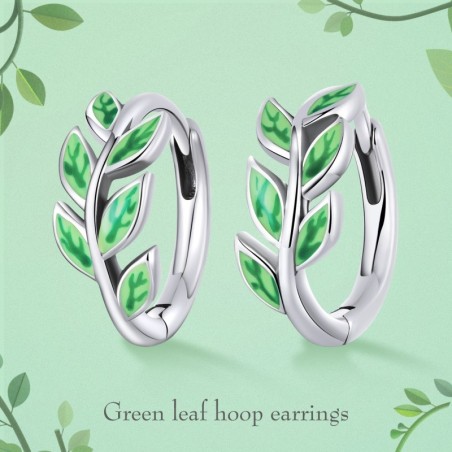 Brincos de argola com folhas verdes - prata de lei 925