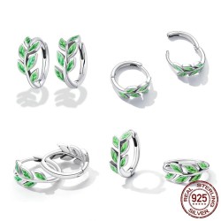 Brincos de argola com folhas verdes - prata de lei 925