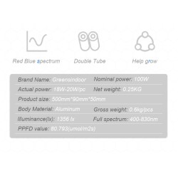 Lâmpada fito LED para cultivo de plantas - tubo duplo suspenso - espectro completo - hidropônico - 50cm