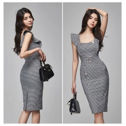Elegante vestido lápis slim - com babados - xadrez cinza