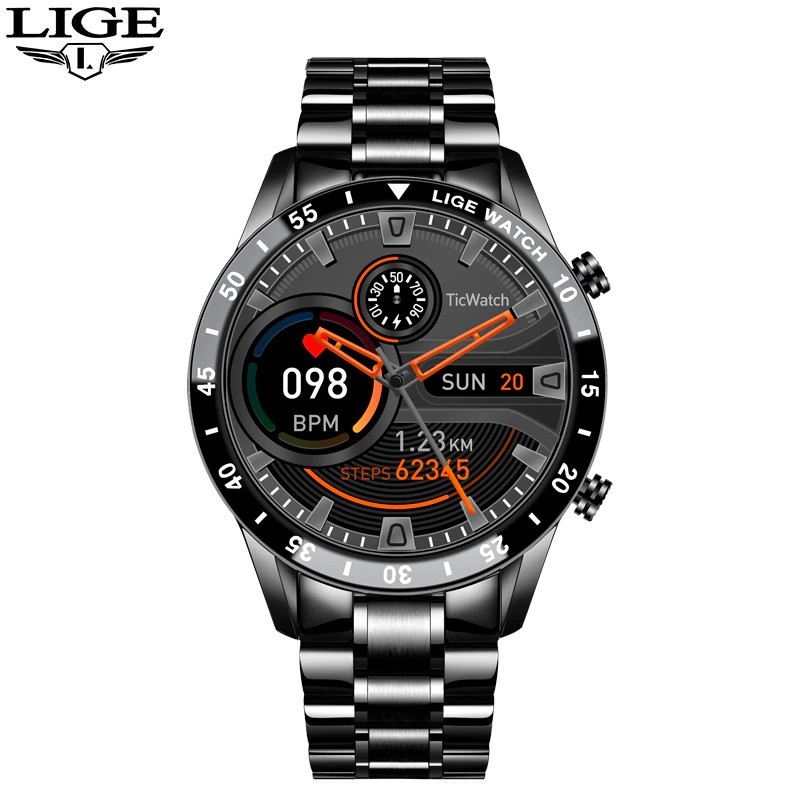 LIGE - Smart Watch luxuoso - tela de toque de círculo completo - Bluetooth - pressão arterial - à prova d'água