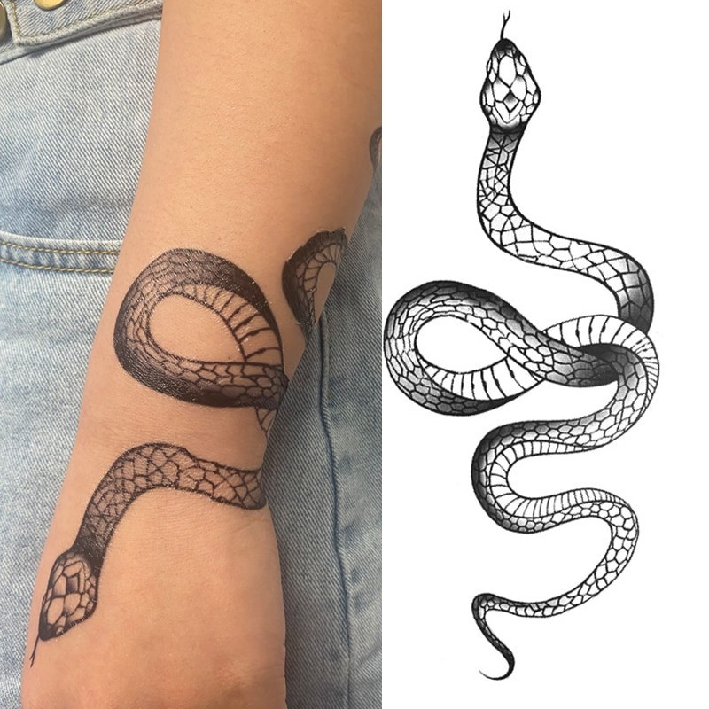 Adesivo de tatuagem temporária - cobra preta / rosas - à prova d'água
