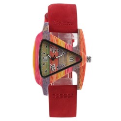 Relógio de madeira moderno - formato triangular colorido - pulseira de couro