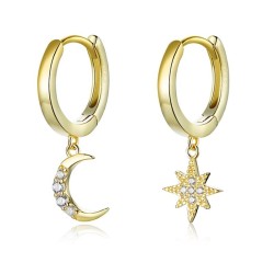 Fashionable round gold earrings - moon / star - 925 sterling silverEarrings