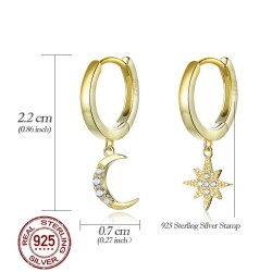Brincos de ouro redondos na moda - lua / estrela - prata esterlina 925