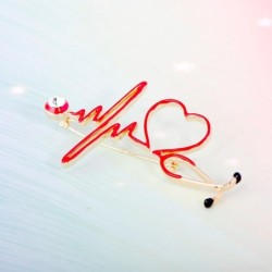 Broche médico - eletrocardiograma / estetoscópio / coração - com cristal