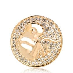 Broche de parteira redondo - com cristais - em forma de moeda - feto