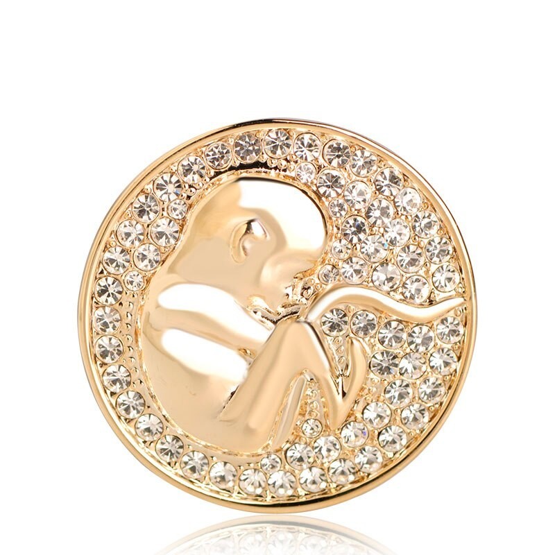 Broche de parteira redondo - com cristais - em forma de moeda - feto