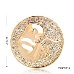 Broche de parteira redondo - com cristais - em forma de moeda - feto