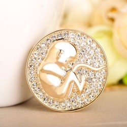 Broche de parteira redondo - com cristais - em forma de moeda - feto