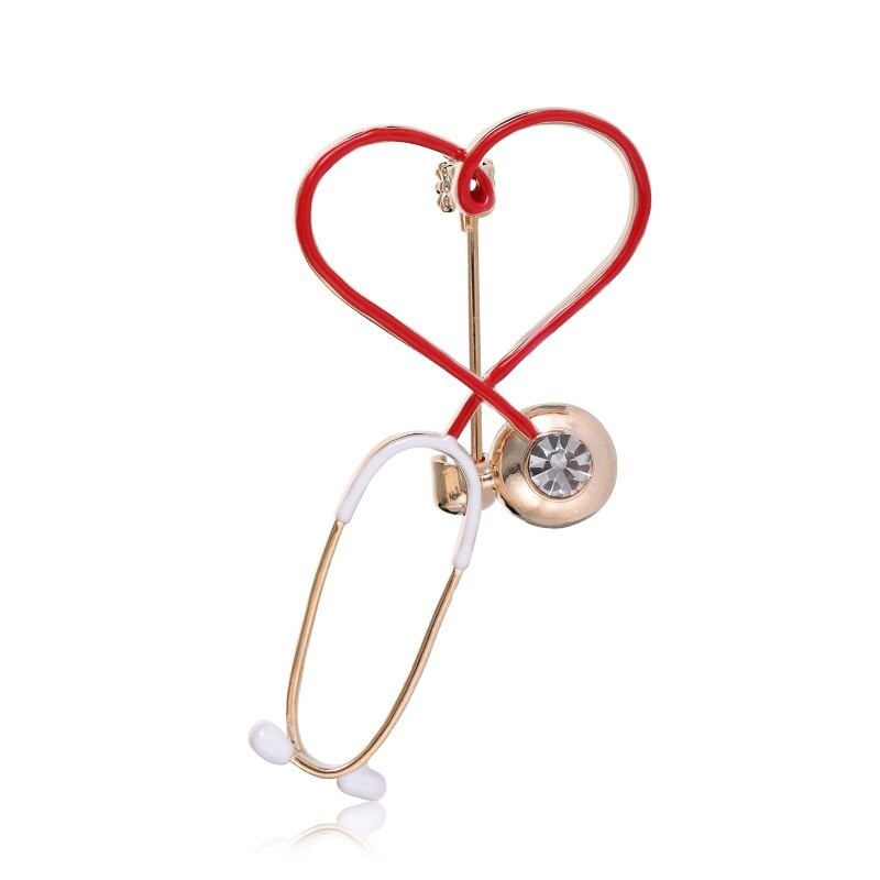 Estetoscópio em forma de coração - com cristal - broche elegante
