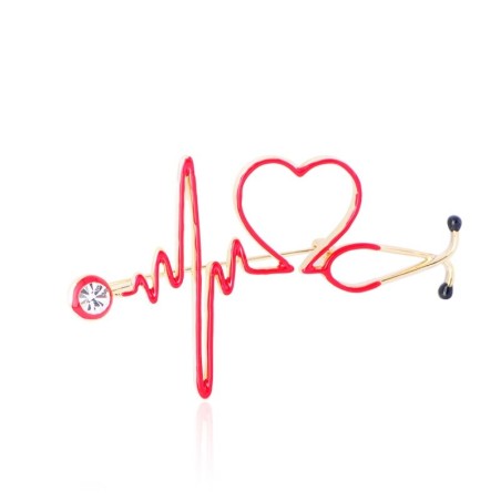 Broche médico - eletrocardiograma / estetoscópio / coração - com cristal