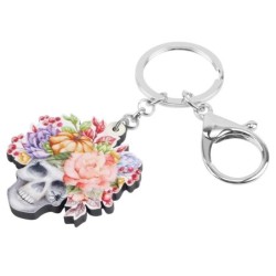 Crânio acrílico de Halloween com flores - chaveiro
