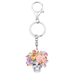 Crânio acrílico de Halloween com flores - chaveiro