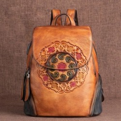 Mochila retrô feminina - estampa floral - couro genuíno - grande capacidade