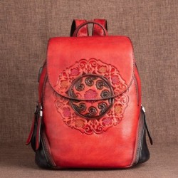 Mochila retrô feminina - estampa floral - couro genuíno - grande capacidade