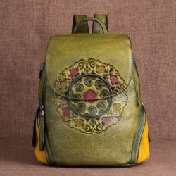 Mochila retrô feminina - estampa floral - couro genuíno - grande capacidade