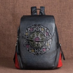Mochila retrô feminina - estampa floral - couro genuíno - grande capacidade