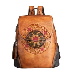 Mochila retrô feminina - estampa floral - couro genuíno - grande capacidade