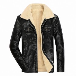 Jaqueta de inverno de couro com lã e zíper - slim