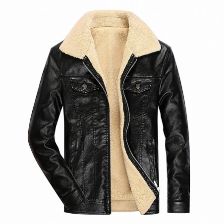 Jaqueta de inverno de couro com lã e zíper - slim