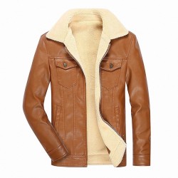 Jaqueta de inverno de couro com lã e zíper - slim