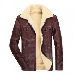 Jaqueta de inverno de couro com lã e zíper - slim