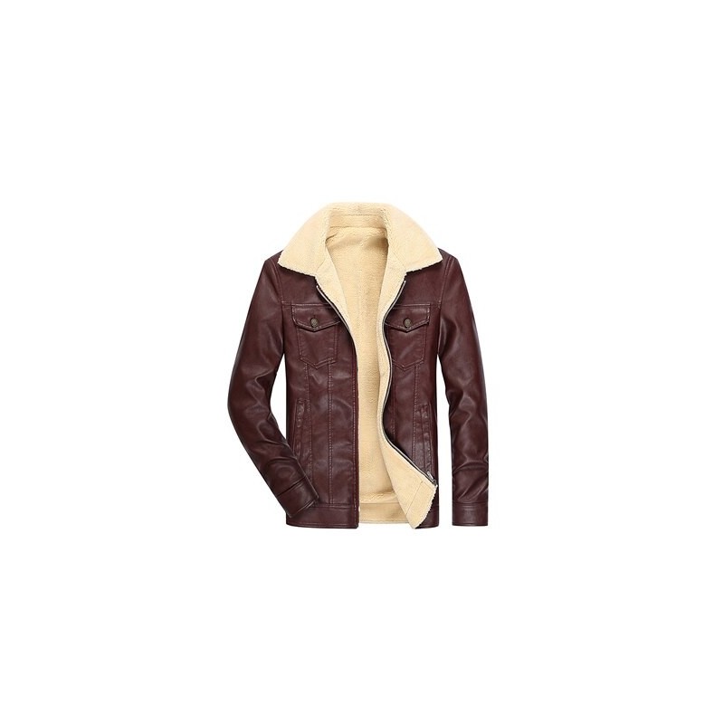 Jaqueta de inverno de couro com lã e zíper - slim