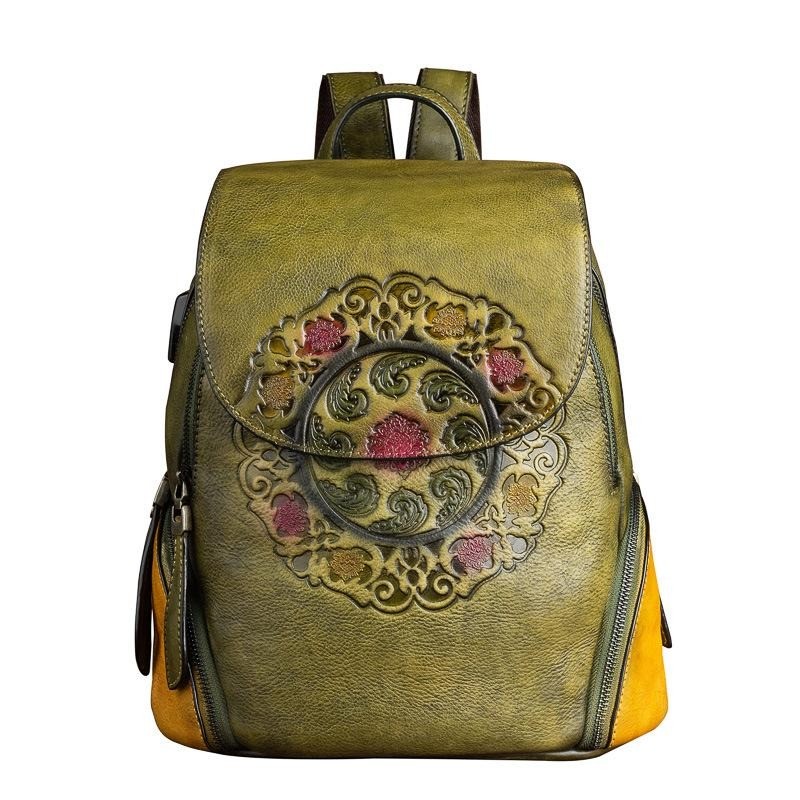 Mochila retrô feminina - estampa floral - couro genuíno - grande capacidade