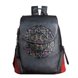 Mochila retrô feminina - estampa floral - couro genuíno - grande capacidade