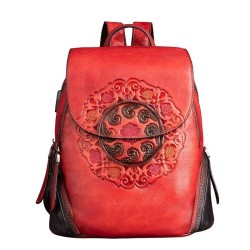 Mochila retrô feminina - estampa floral - couro genuíno - grande capacidade