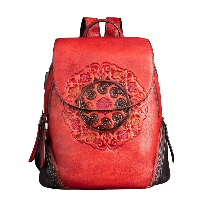 Mochila retrô feminina - estampa floral - couro genuíno - grande capacidade