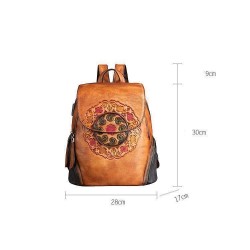 Mochila retrô feminina - estampa floral - couro genuíno - grande capacidade