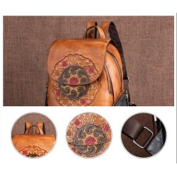 Mochila retrô feminina - estampa floral - couro genuíno - grande capacidade