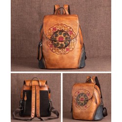 Mochila retrô feminina - estampa floral - couro genuíno - grande capacidade