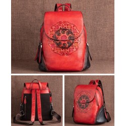 Mochila retrô feminina - estampa floral - couro genuíno - grande capacidade