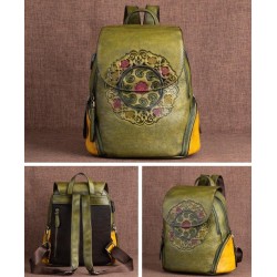 Mochila retrô feminina - estampa floral - couro genuíno - grande capacidade