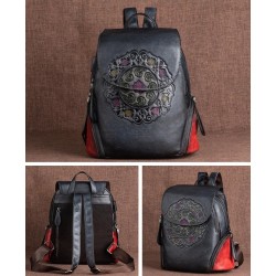 Mochila retrô feminina - estampa floral - couro genuíno - grande capacidade