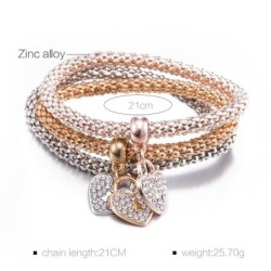 Pulseira elegante de três peças - com corações de cristal - prata - ouro - ouro rosa