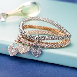 Pulseira elegante de três peças - com corações de cristal - prata - ouro - ouro rosa