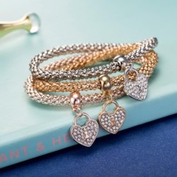 Pulseira elegante de três peças - com corações de cristal - prata - ouro - ouro rosa