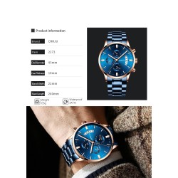 CRRJU - relógio azul luxuoso - Quartzo - aço inoxidável - à prova d'água