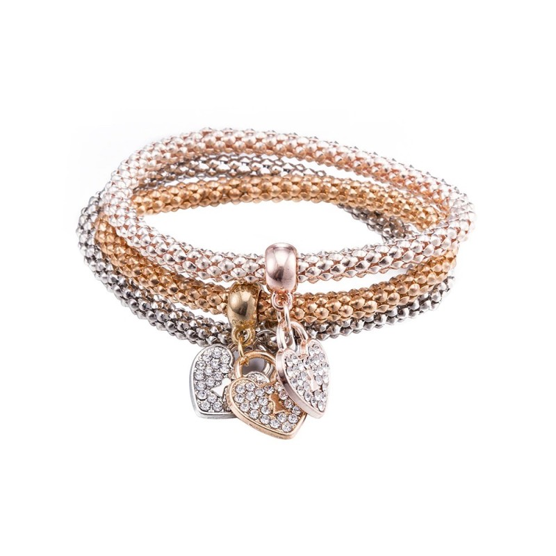 Pulseira elegante de três peças - com corações de cristal - prata - ouro - ouro rosa