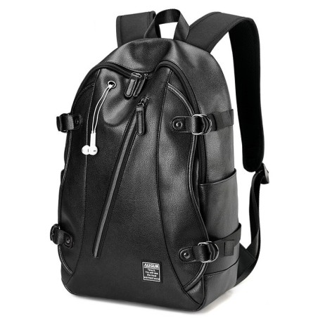 Mochila de couro na moda - bolsa para laptop de 15,6 polegadas - orifício para fone de ouvido - à prova d'água