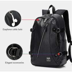 Mochila de couro na moda - bolsa para laptop de 15,6 polegadas - orifício para fone de ouvido - à prova d'água
