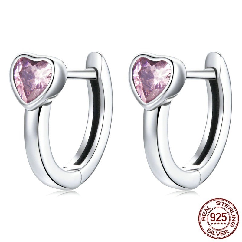 Brincos com coração de cristal rosa - prata de lei 925