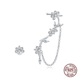 Brincos florais - assimétricos - com corrente / cristais - prata de lei 925