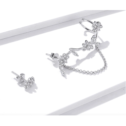 Floral stud earrings - asymmetric - with chain / crystals - 925 sterling silverEarrings