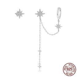 Brincos elegantes com estrelas - assimétricos - com corrente / cristais - prata de lei 925